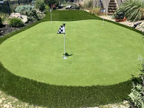 A backyard putting green with a checkered flag, a fringe collar and planting beds around it