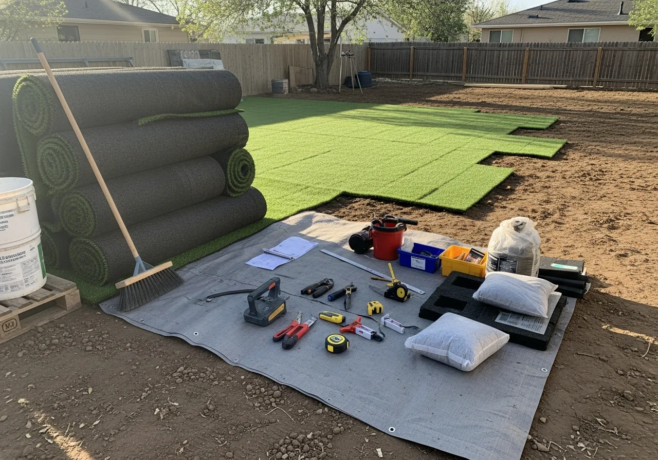 Artificial turf installation crew with tools and materials on a residential backyard project site.