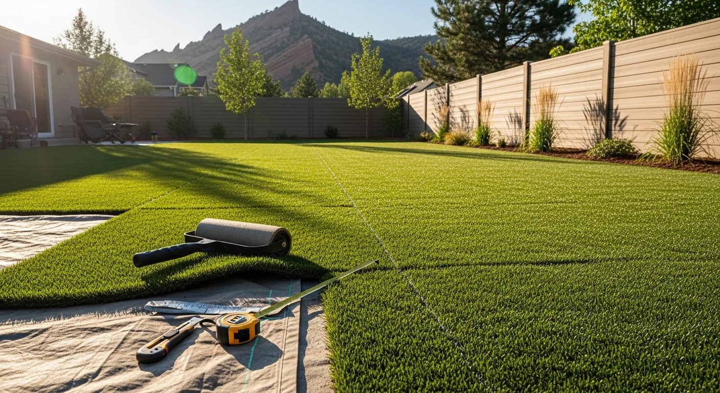 Professional artificial turf installation in Denver backyard