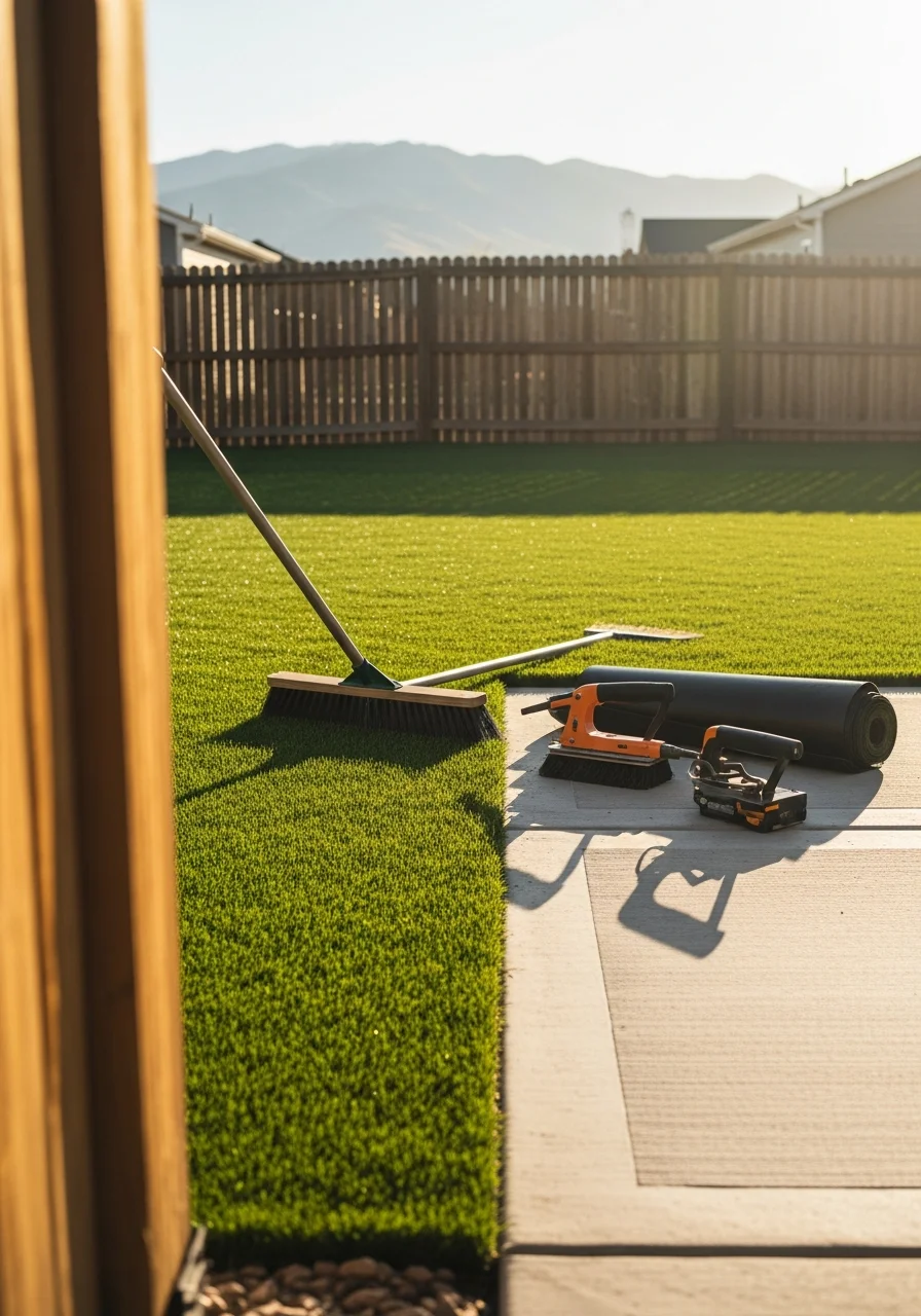 Artificial turf installation in Brighton residential backyard with family enjoying outdoor space