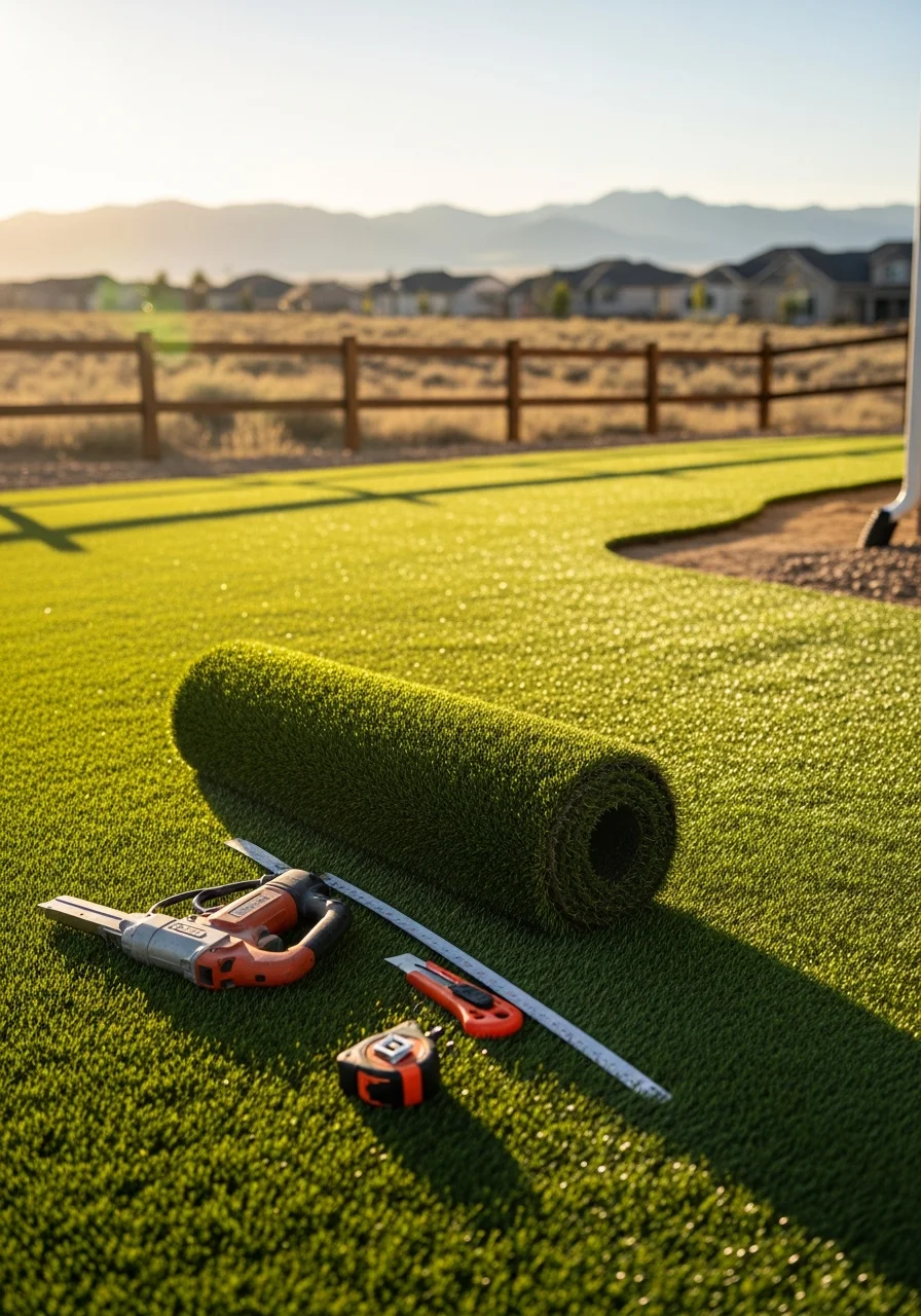 Professional artificial turf installation in Dacono backyard with family-friendly design