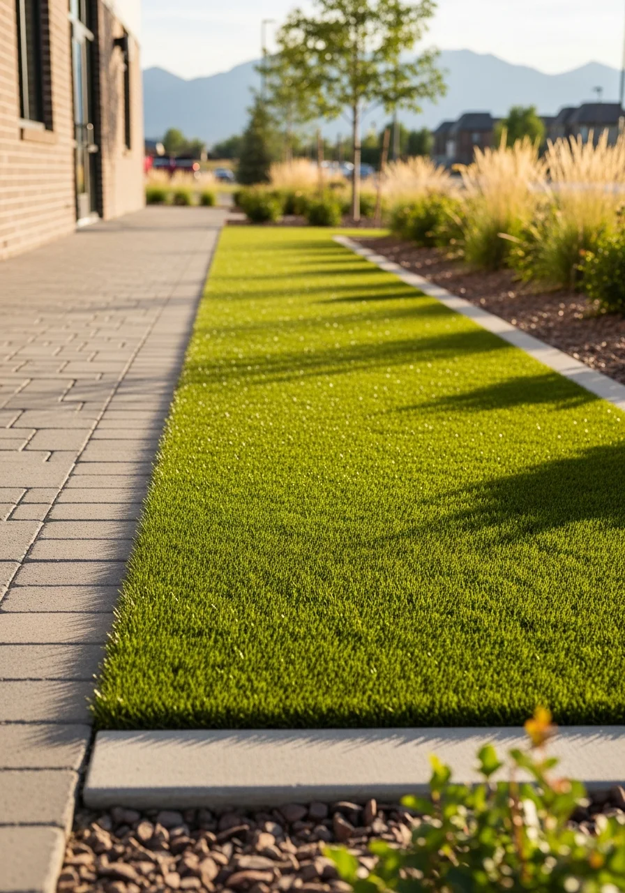 Commercial artificial turf installation at Erie business property with modern landscaping