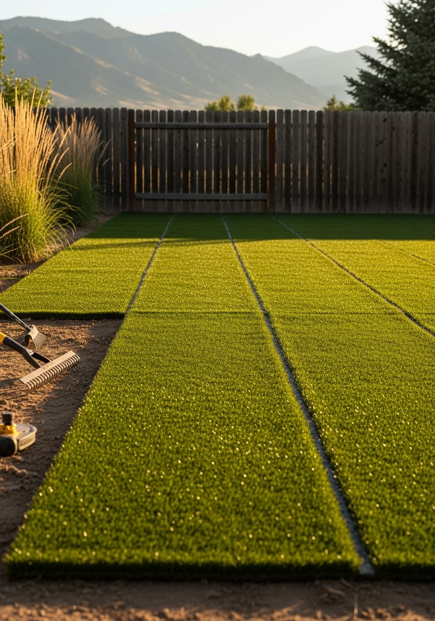 Artificial turf installation in Fort Collins residential backyard with mountain views