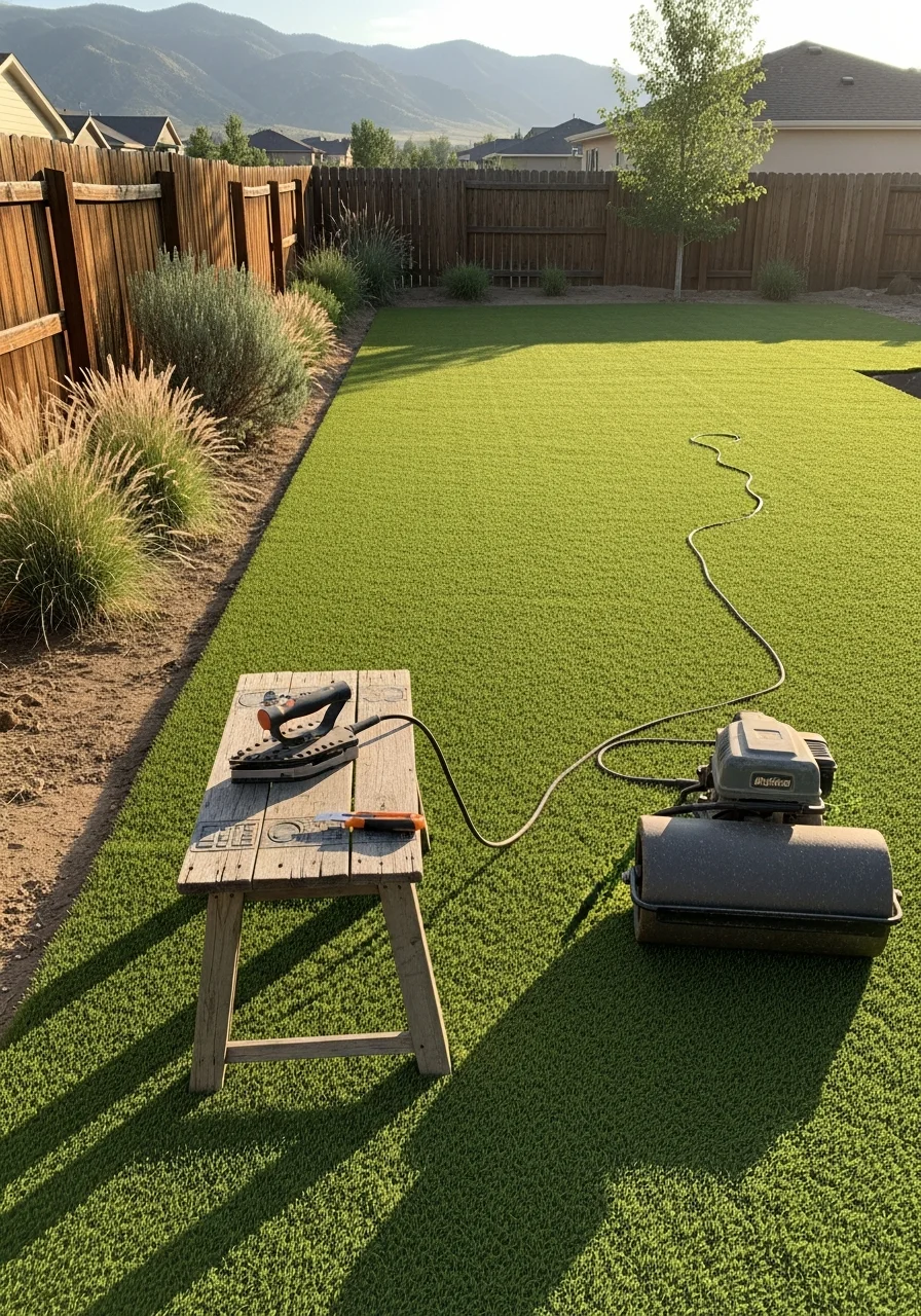Artificial turf installation in Frederick backyard with Rocky Mountain views