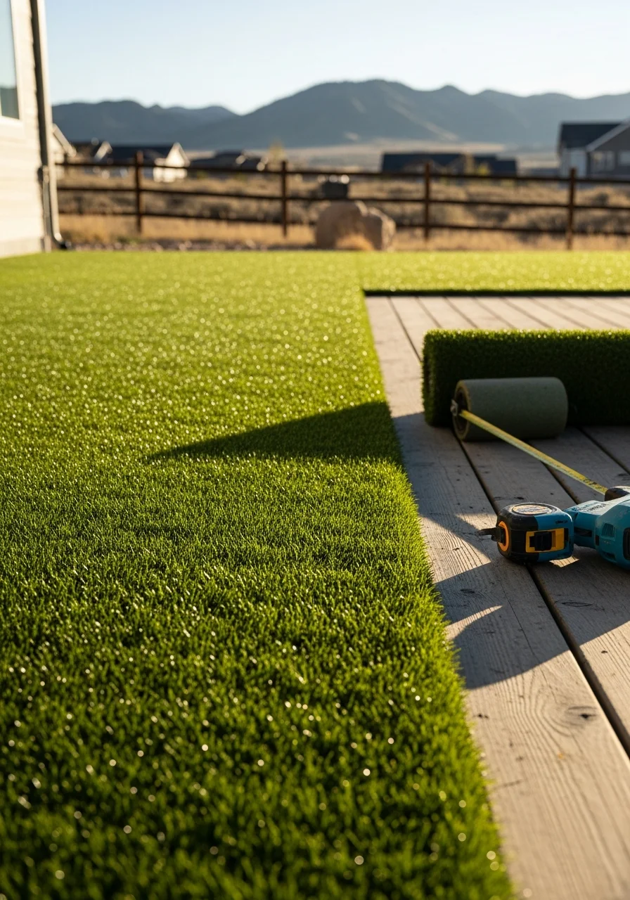 Family enjoying outdoor space in Mead with manicured artificial turf and mountain views