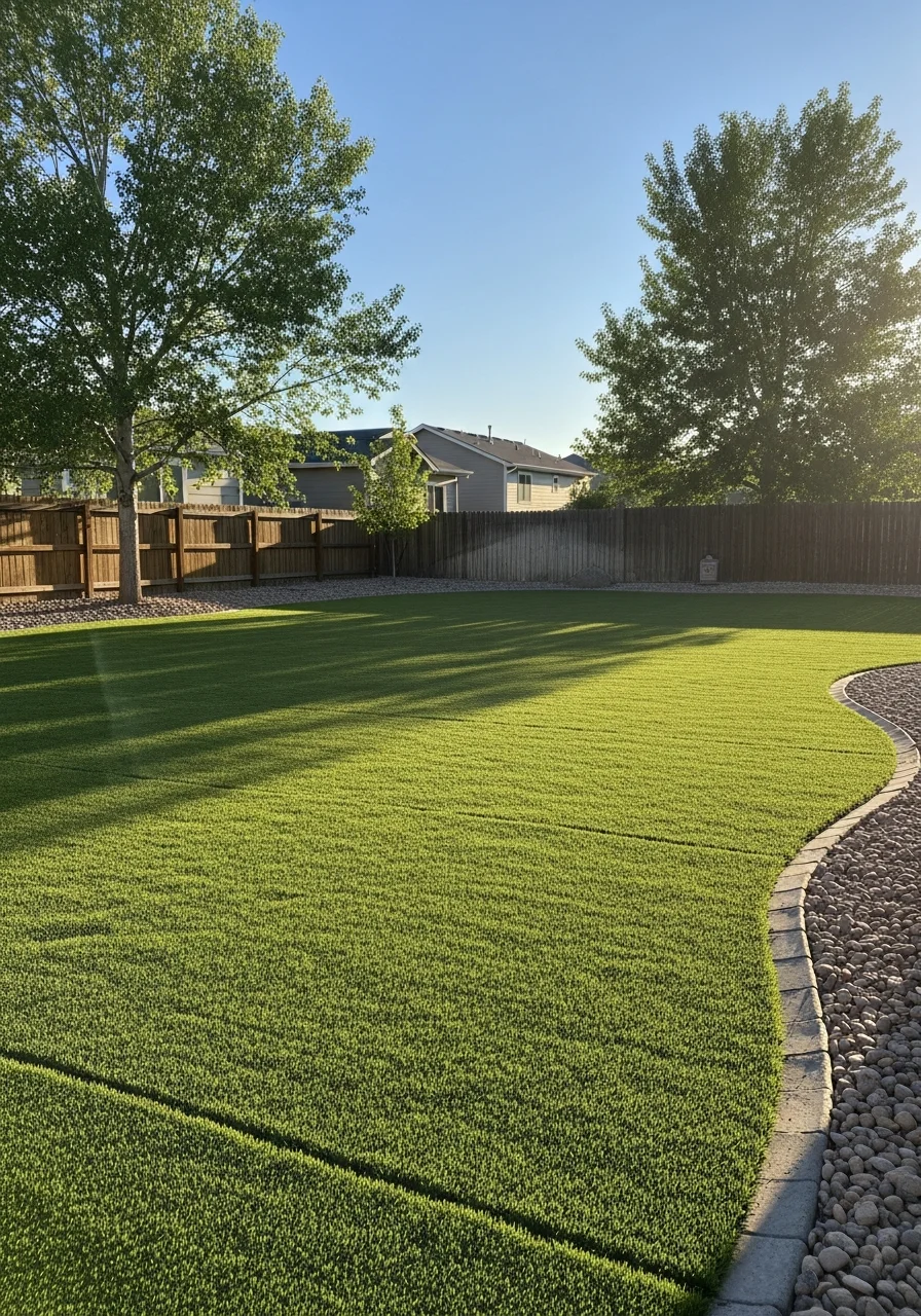 Family enjoying pet-safe artificial turf in Thornton backyard with recreation facilities visible