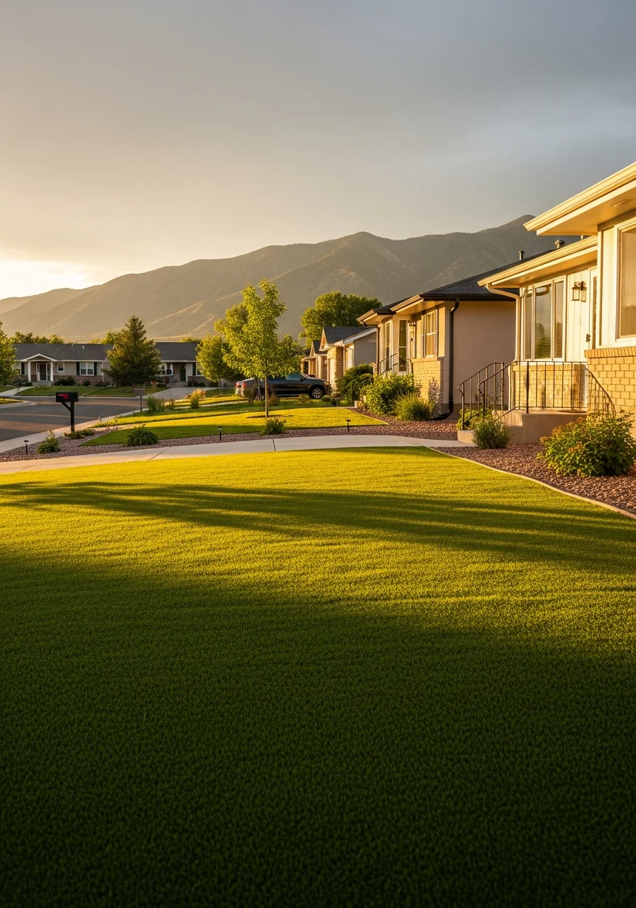 Residential homes in Wellington, Colorado with manicured lawns and mountain backdrop