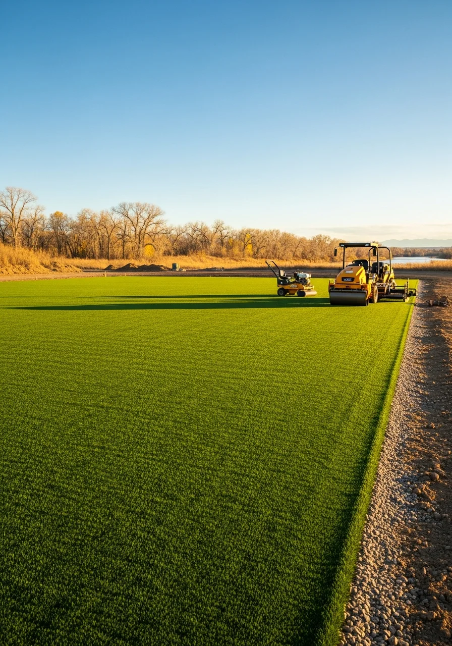 Commercial artificial turf sports field installation in Northern Colorado with Cache la Poudre River landscape