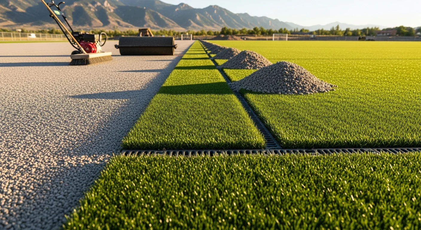 Freshly installed commercial artificial turf covering an outdoor common area at a Denver business property, showing a flat, uniformly green surface with clean edges along a concrete border. The surrounding urban Denver setting is visible in the background under clear Colorado skies.