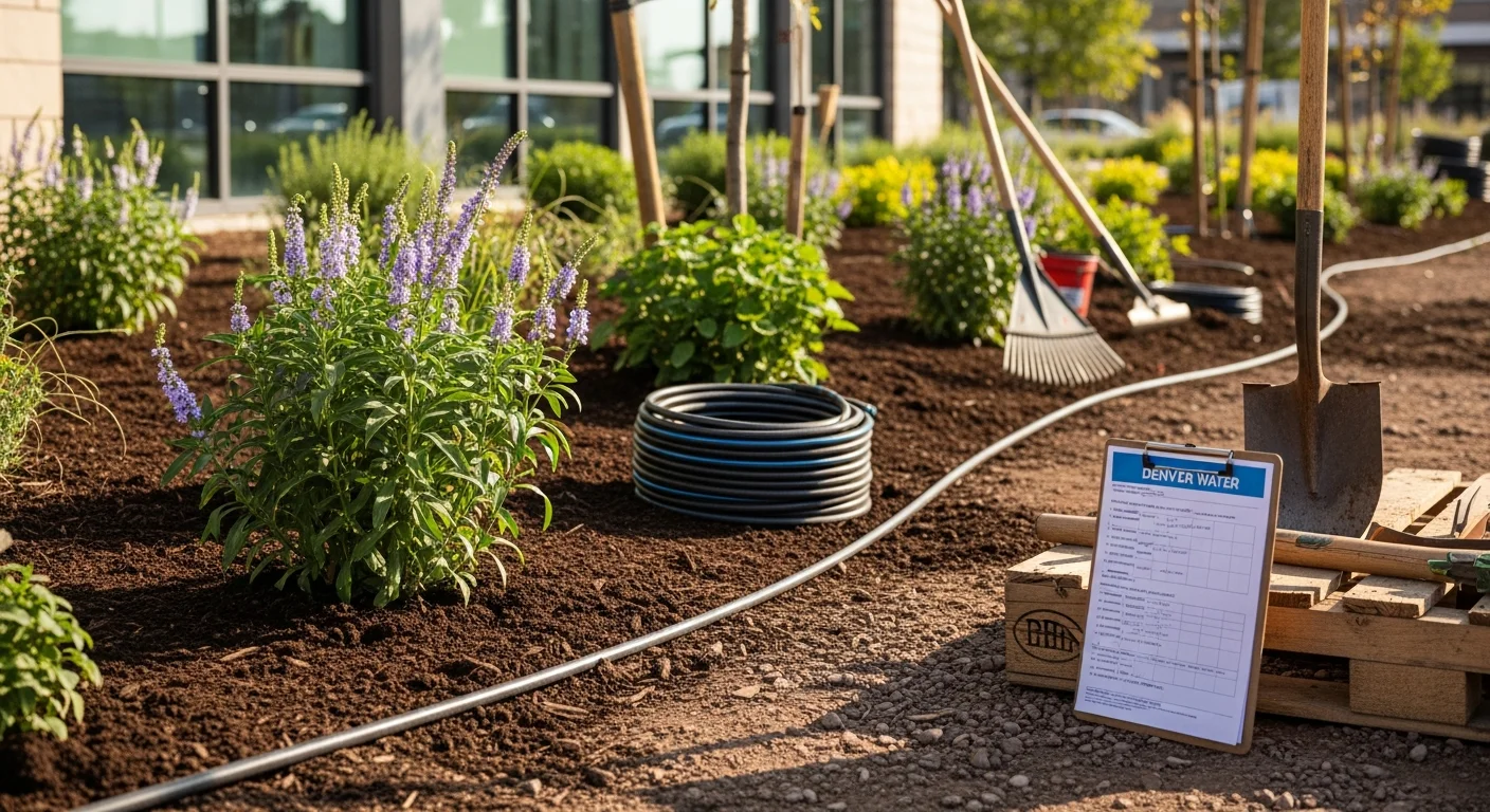 Newly installed commercial landscape at a Denver office property featuring regionally adapted shrubs, graded planting beds, and a drip irrigation layout. Clay soil amendment and drought-tolerant ground cover visible along the building entrance.