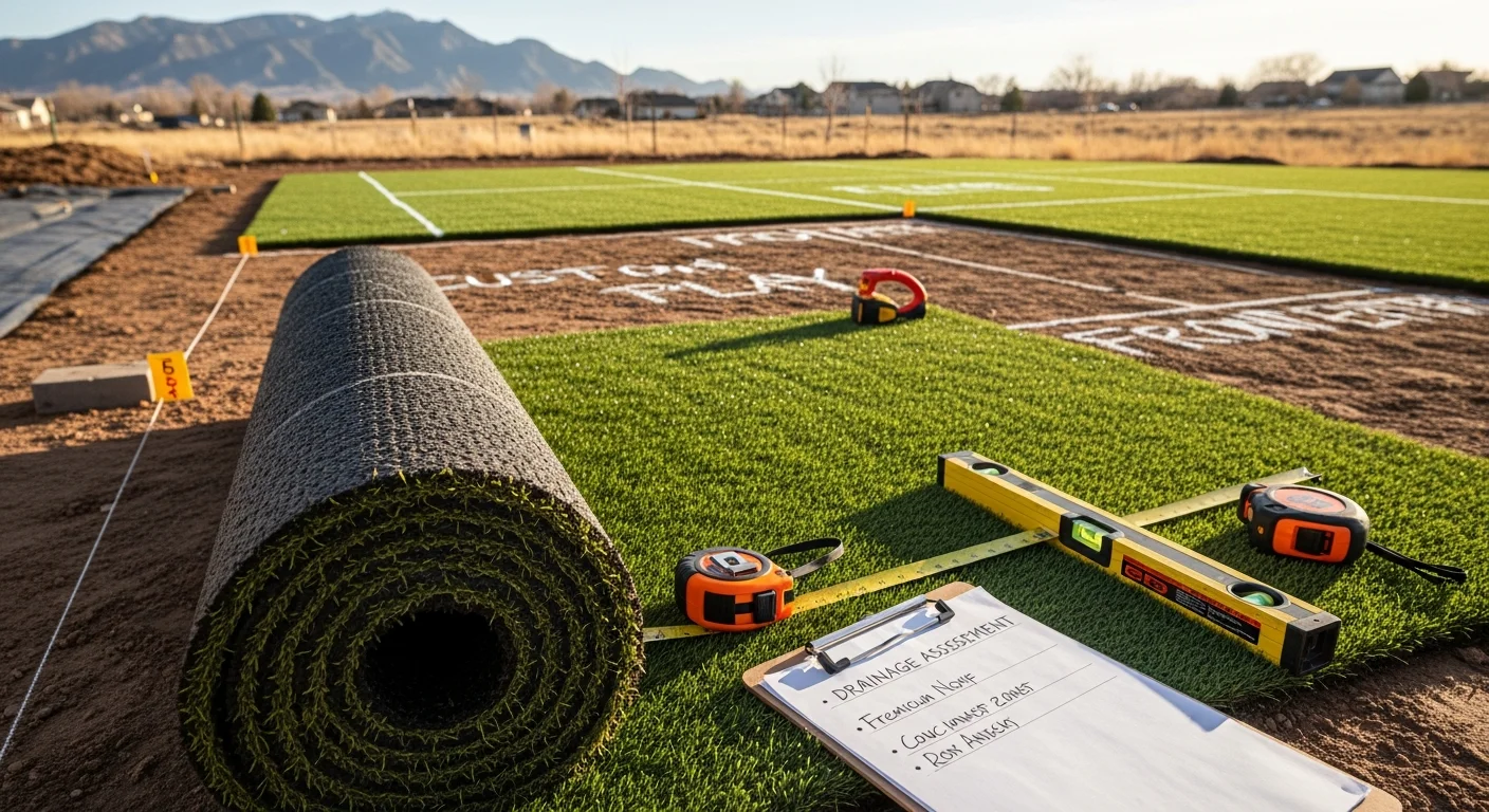 A custom artificial turf installation in a Denver backyard, showing clean edges around a concrete patio and a smooth, green surface across an irregularly shaped yard. The design includes a defined pet zone and seamless transitions to existing landscaping beds.