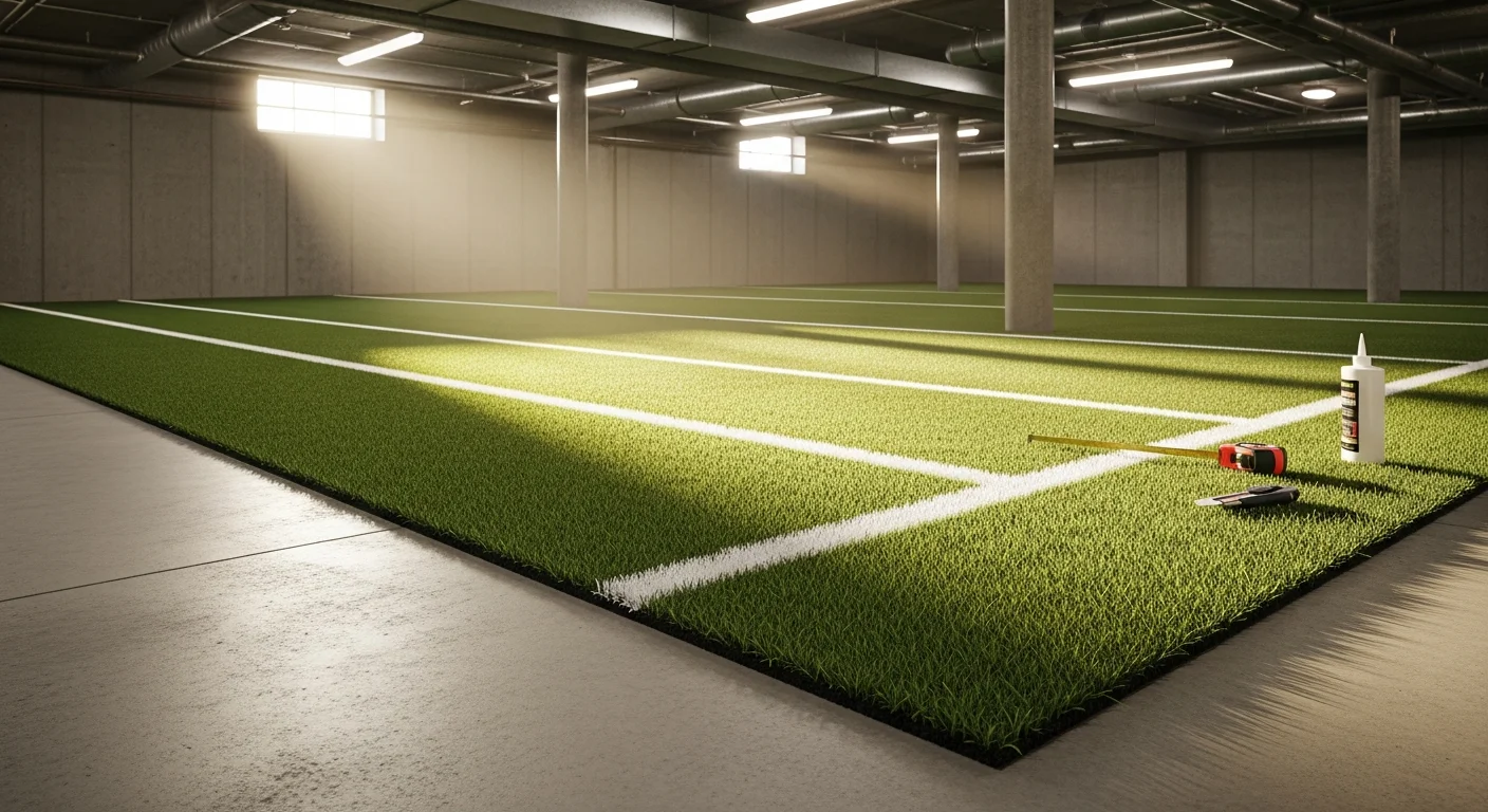 Freshly installed indoor synthetic turf covering the floor of a Denver basement training room with clean seams and a flat, even surface. The space is set up for functional fitness use with open lanes and a smooth turf edge along the perimeter wall.