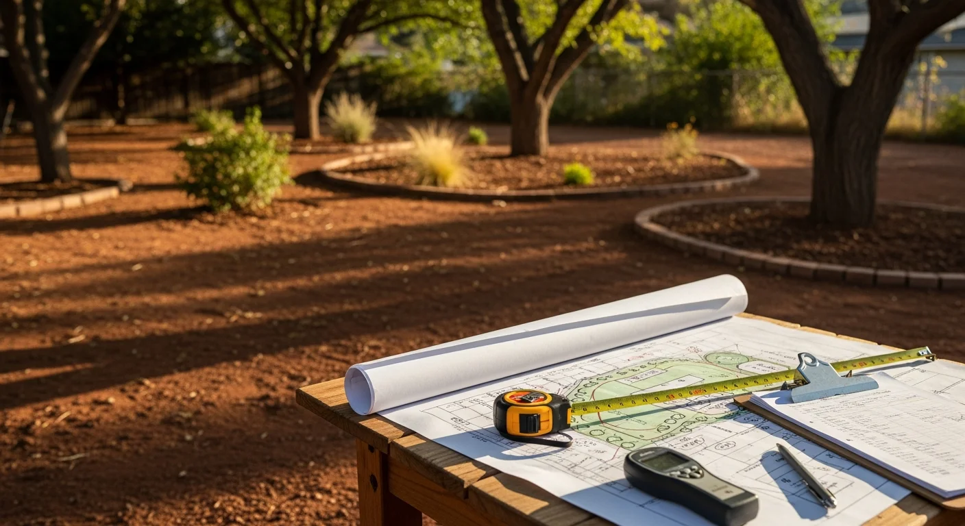A Denver landscape consultant reviewing a residential yard layout with a homeowner, assessing soil conditions and plant placement in a front yard with existing turf and ornamental beds. The consultation takes place on a sunny Colorado afternoon with the property's drainage slope and sun exposure visible.