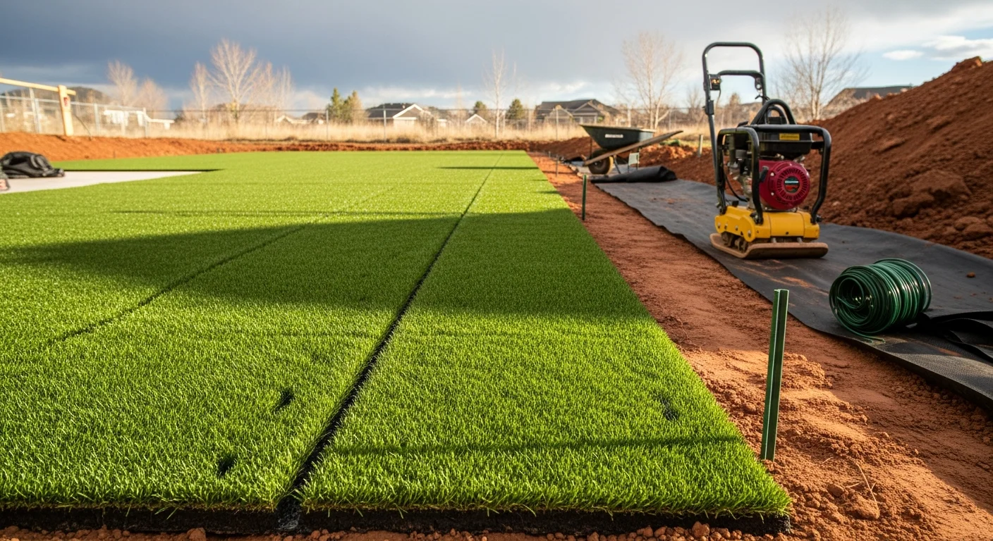 Freshly installed landscape turf covering a residential backyard in Denver, Colorado, with clean edges along a concrete patio border. The surface is even and green against a backdrop of a typical Denver single-family home.
