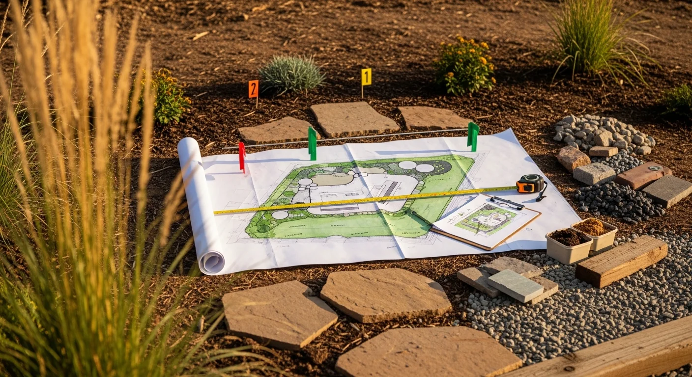 A Denver residential backyard with defined outdoor living zones, drought-adapted planting beds, and a stone patio designed for Colorado's semi-arid climate. The layout shows clear separation between hardscape, planted areas, and open lawn space.