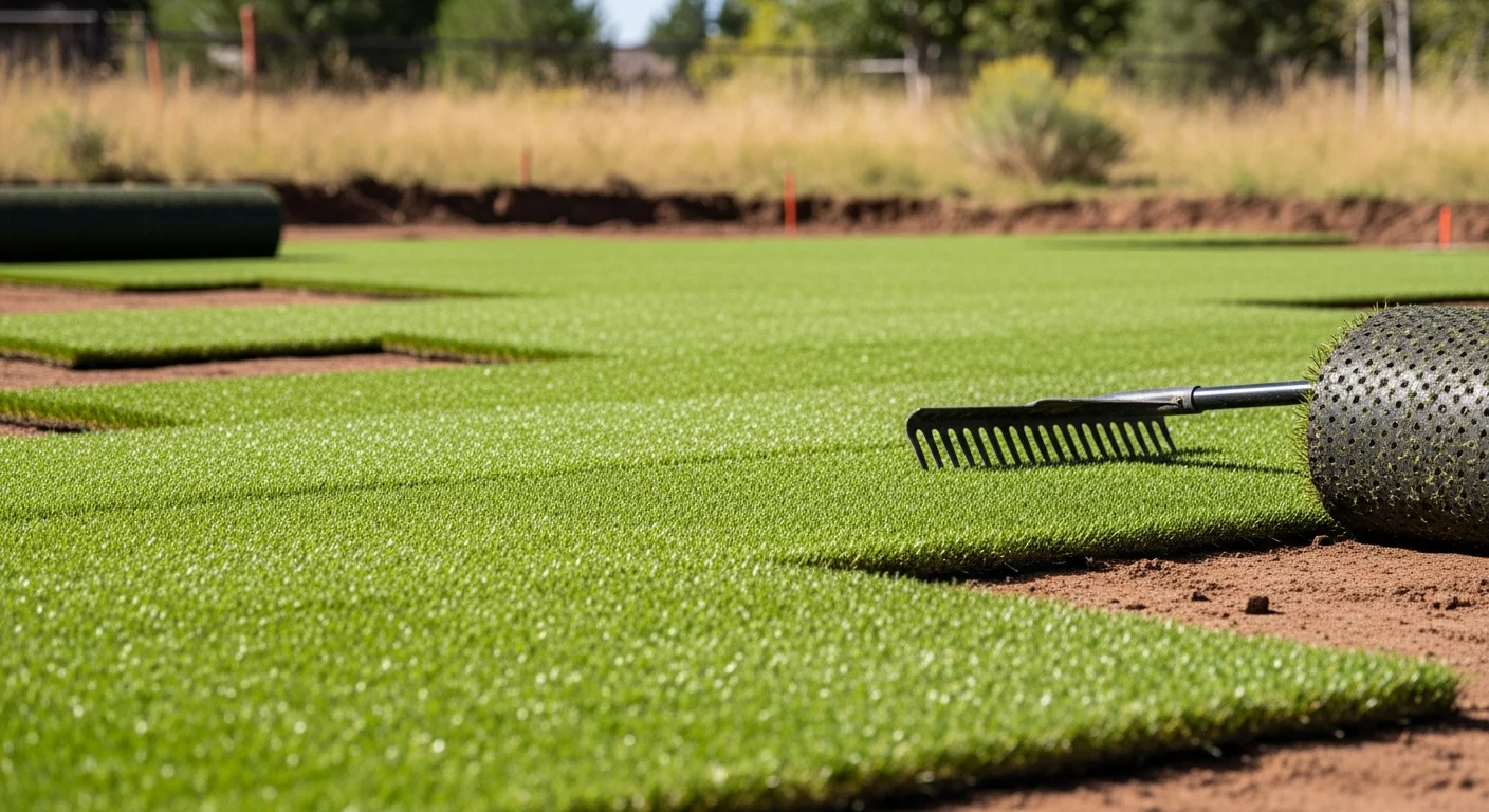 A clean, green pet-safe artificial turf backyard in Denver with no bare patches or mud, installed by Noco Turf CO. A dog rests on the flat, well-drained turf surface in a residential yard under Colorado sun.