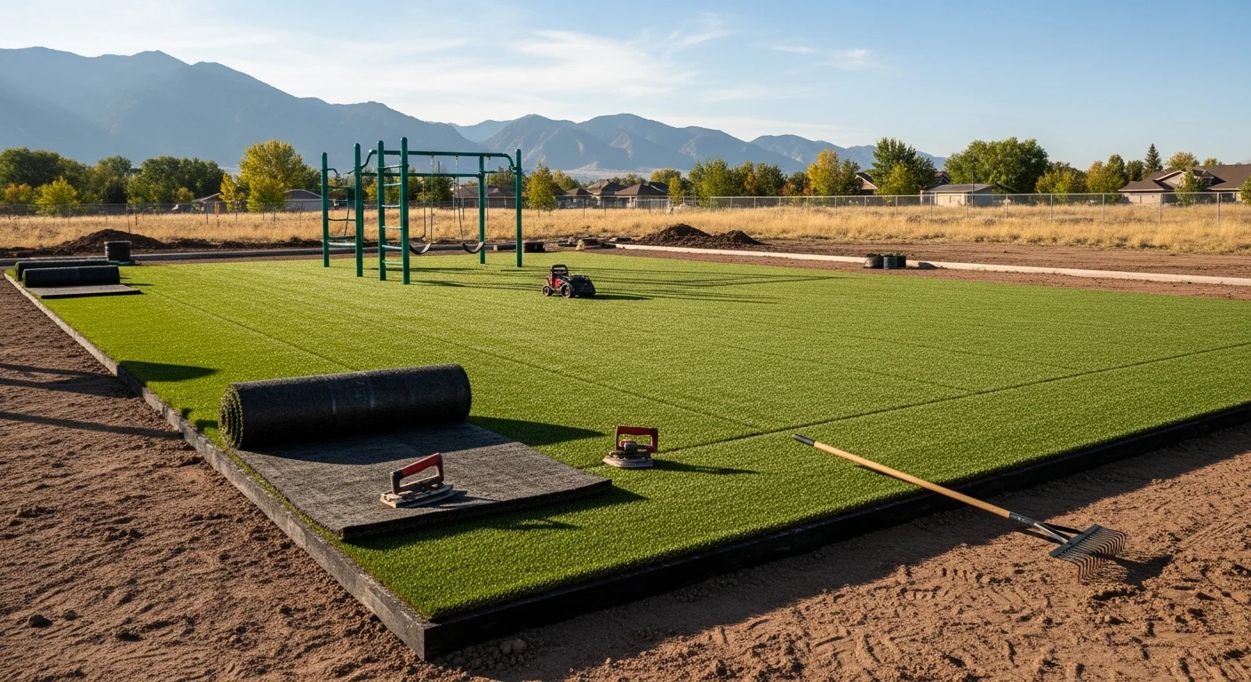 Freshly installed playground turf in a Denver backyard with a foam pad base beneath the surface and a swing set centered on the green turf area. The surrounding yard shows the compacted edge border typical of residential playground turf installations in Colorado.