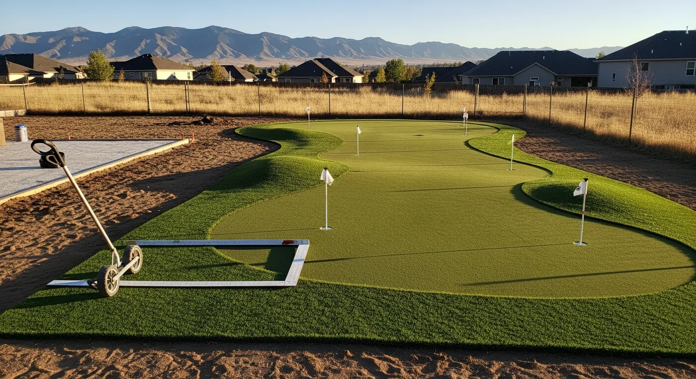 A custom synthetic putting green installed in a Denver backyard, featuring two cup holes and smooth contoured turf surrounded by a wood border. The surface shows consistent green color under bright Colorado sunlight with a residential fence visible in the background.