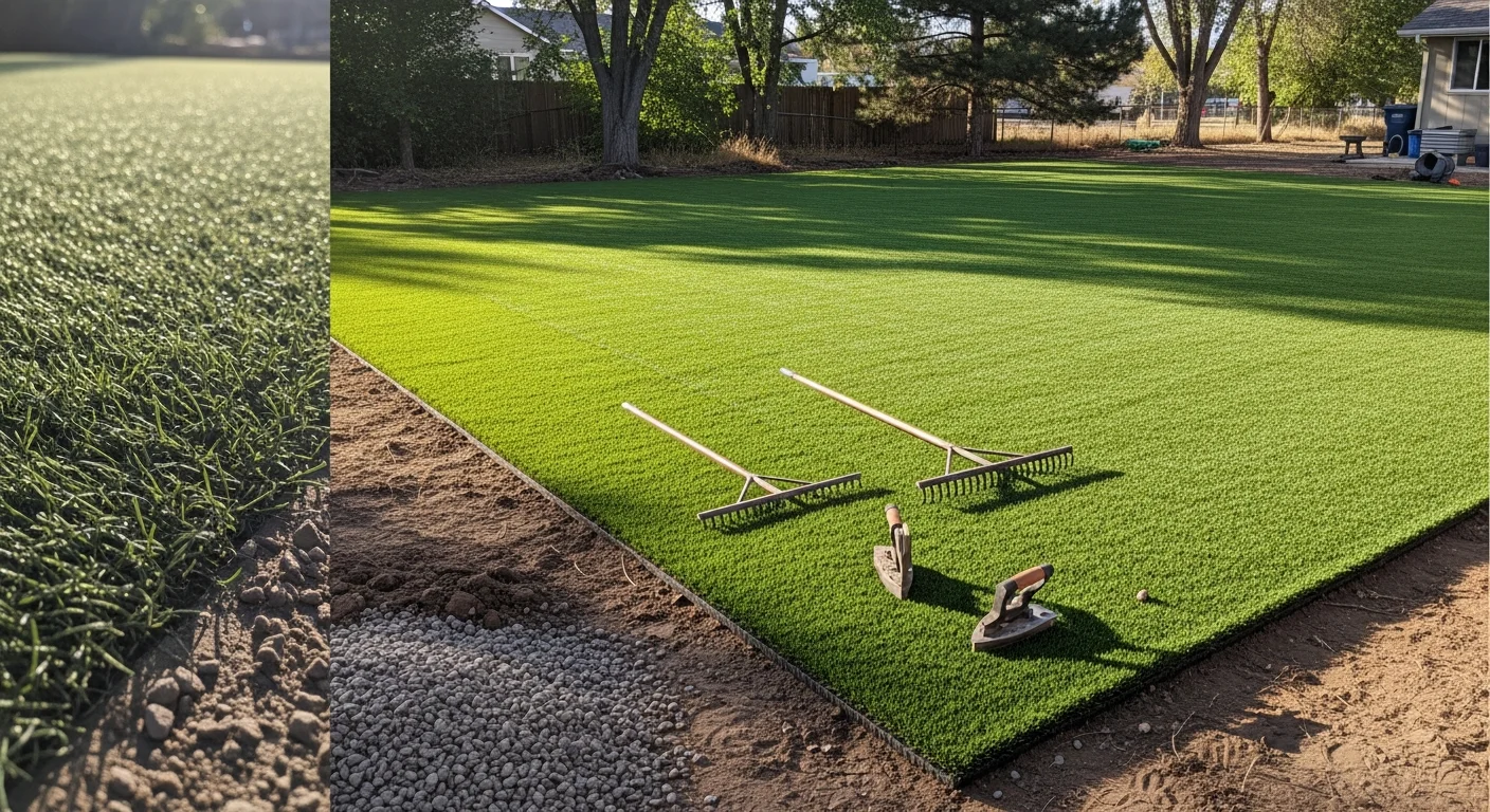 A finished residential artificial turf lawn installed in a Denver backyard, showing clean seams, secured edges, and a uniformly green surface against a wood fence. The yard shows no bare patches or irrigation hardware, reflecting a low-maintenance installation suited to Colorado's semi-arid climate.