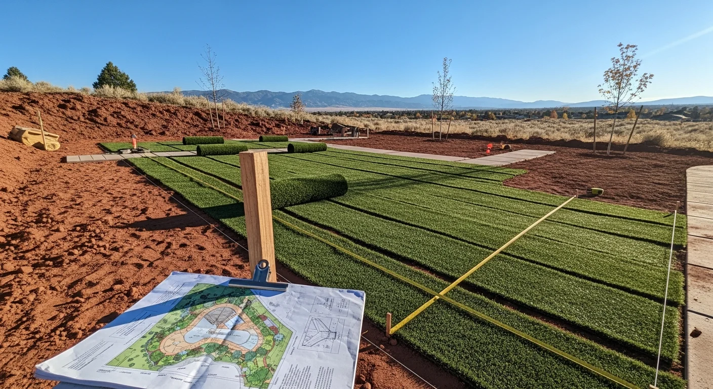 A completed residential landscape design in Denver featuring drought-tolerant plantings, defined hardscape edging, and zoned plant beds suited to Colorado's semi-arid climate. The front yard shows structured low-water ground cover and native-adapted shrubs against a single-family home.