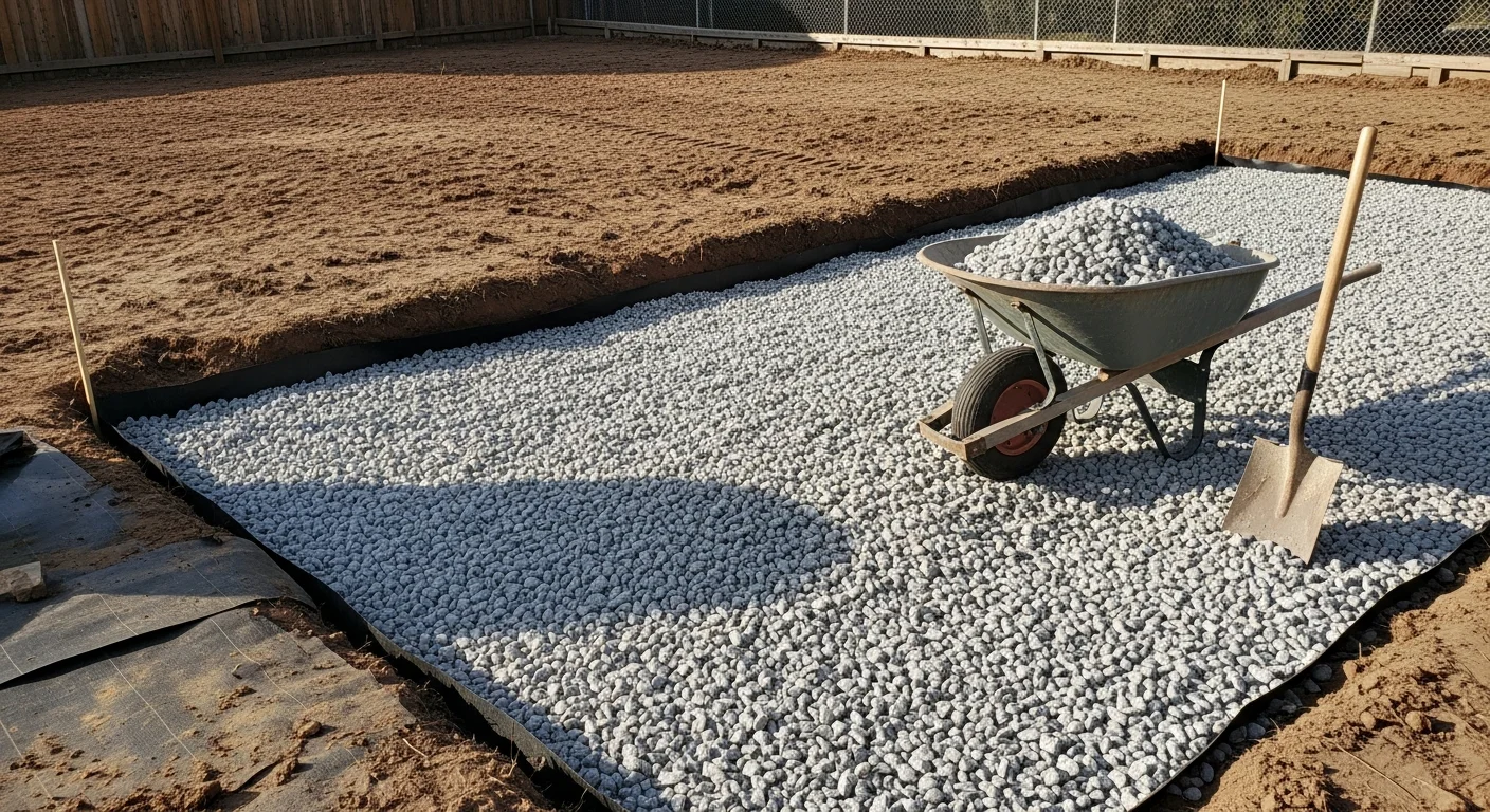 A Denver backyard in mid-site preparation showing excavated clay soil, a freshly graded and compacted crushed-stone sub-base, and a weed barrier laid flat and ready for artificial turf installation. The yard is bordered by a wood fence with the Rocky Mountain foothills visible in the background.