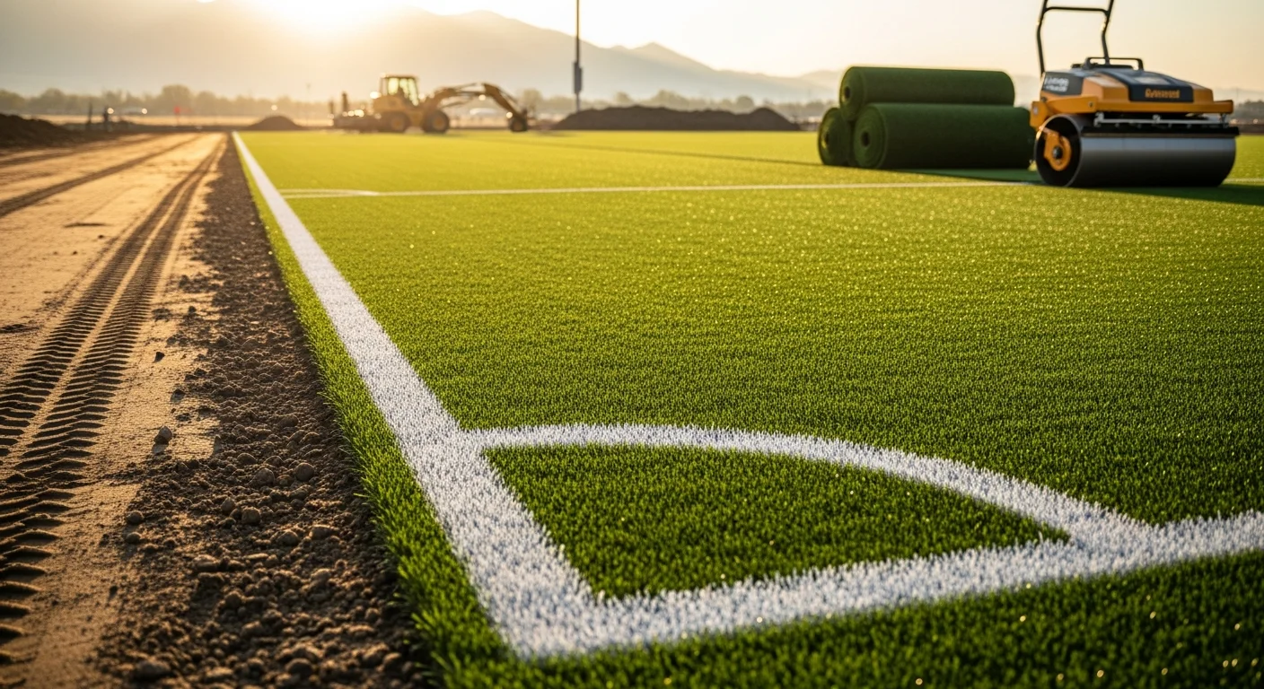 Freshly installed artificial sports turf field in Denver, Colorado with multi-sport line markings visible across a level, green playing surface. The field shows a clean drainage base edge and consistent fiber coverage under bright Colorado sunlight.